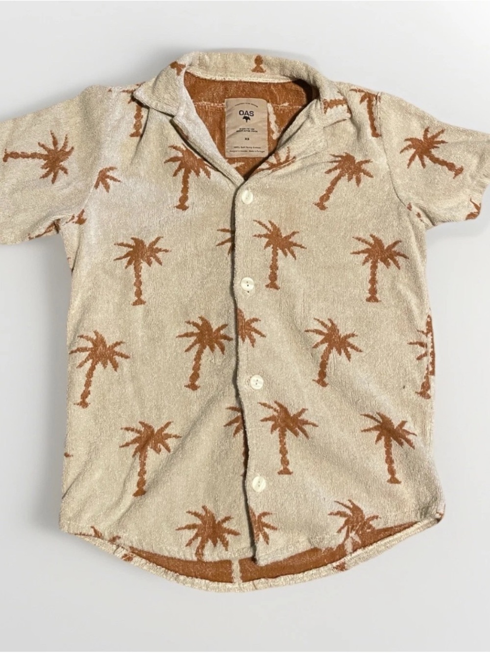 OAS Terry Cloth Camp Shirt in Beige & Brown Palm
